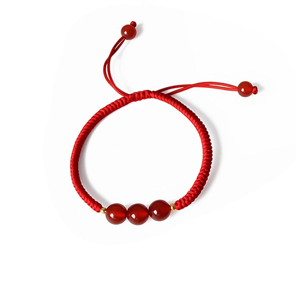 Red Agate 3-Bead Couple Red String Bracelets — Set of 2 Handmade Braided Cord, Natural Red Stone Lucky Charm, Adjustable for Men Women, Anniversary & Protection Gift