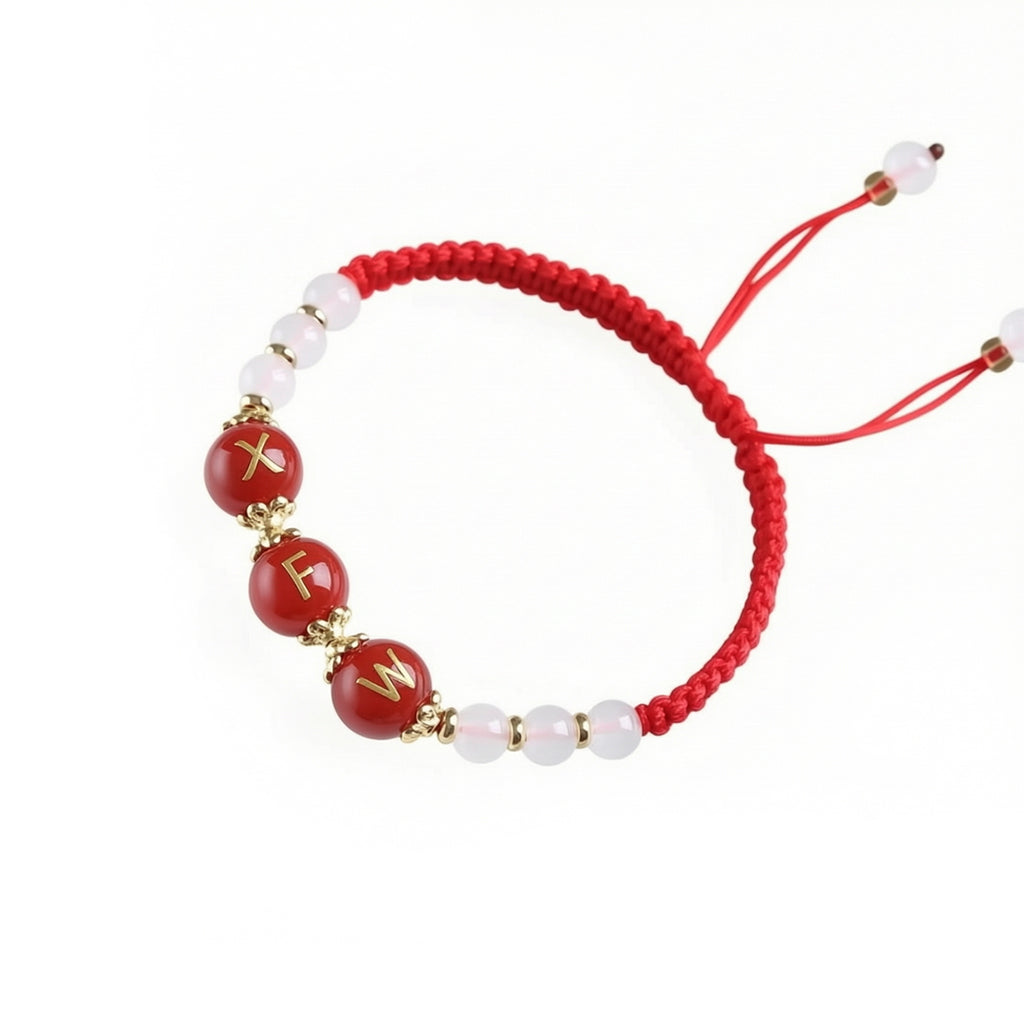 Custom Initial Letter Red Agate Red String Bracelet — 3 Gold Letter Beads, Personalized Name Charm, Handmade Braided Cord, Adjustable for Men Women, Lucky Protection Gift