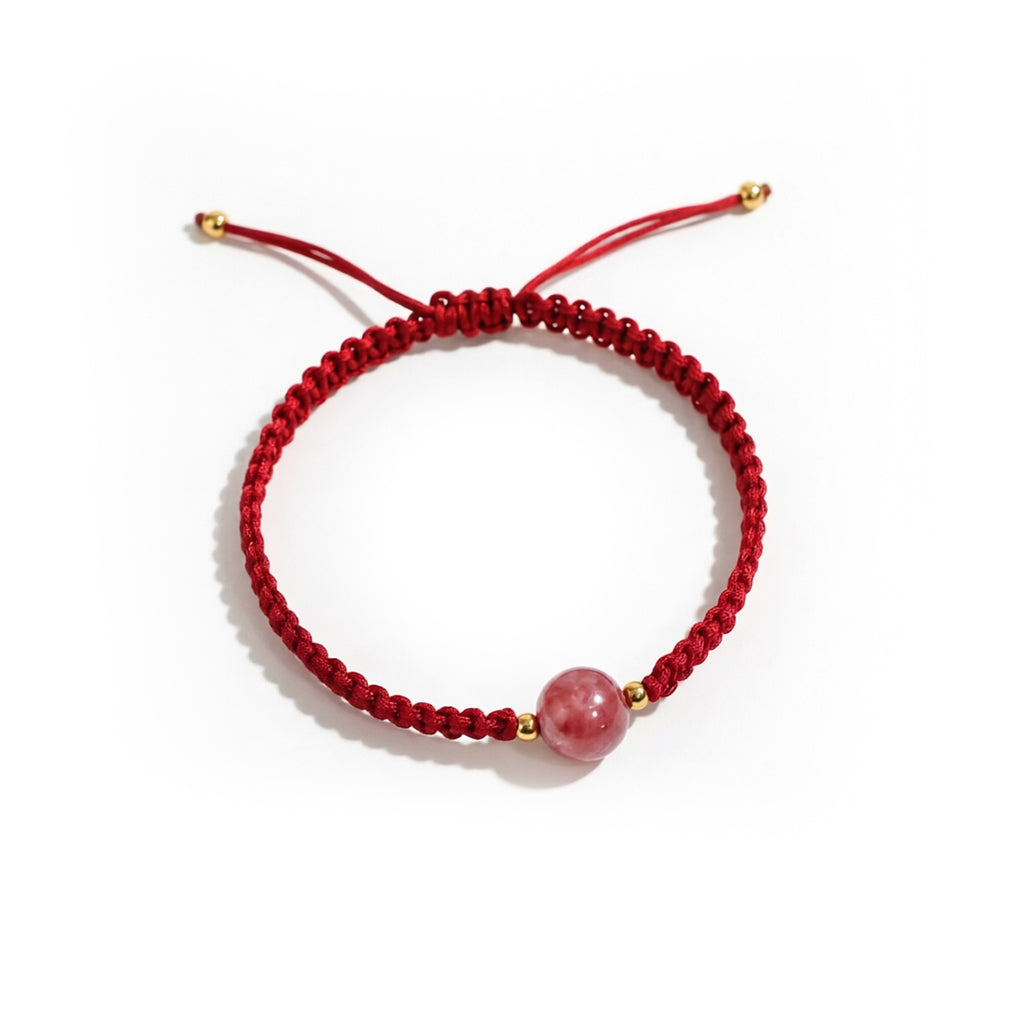 Strawberry Quartz Red String Bracelet — Single Bead Lucky Charm, Handmade Braided Cord, Adjustable for Men Women, Love & Protection Gift