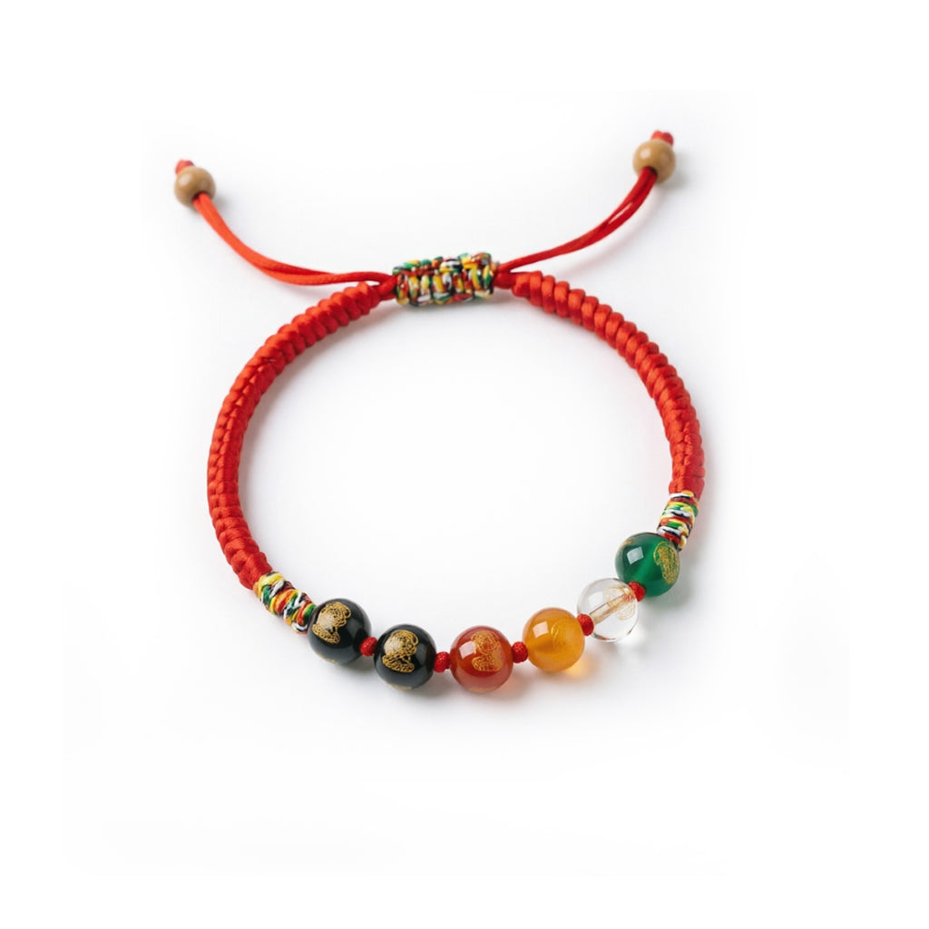 Five Elements Lucky Red String Bracelet — 6 Natural Gemstone Bead Charm, Handmade Braided Cord, Adjustable for Men Women, Protection & Prosperity Gift