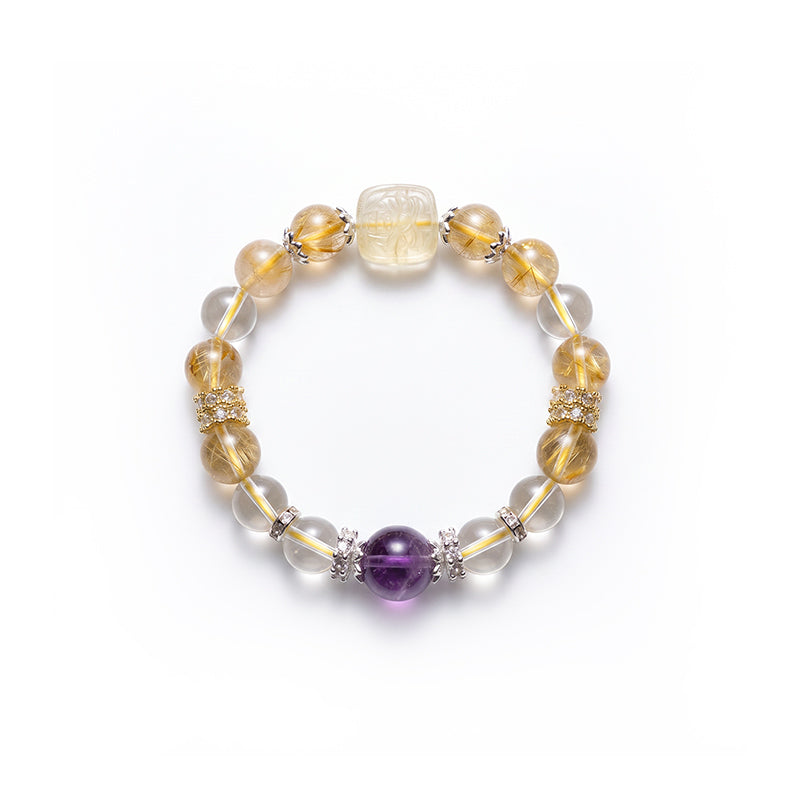 Golden Rutilated Quartz, Amethyst & Clear Quartz Bracelet