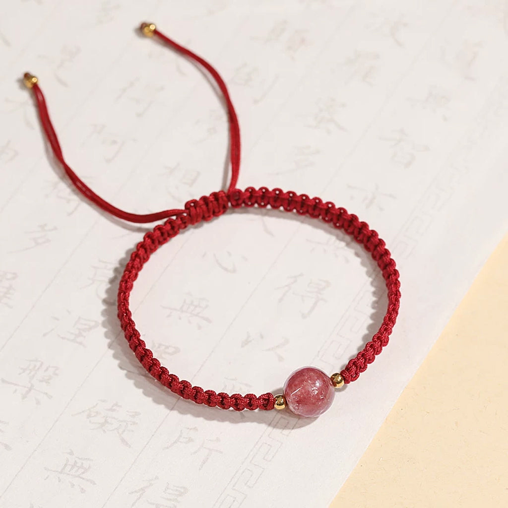 Strawberry Quartz Red String Bracelet — Single Bead Lucky Charm, Handmade Braided Cord, Adjustable for Men Women, Love & Protection Gift