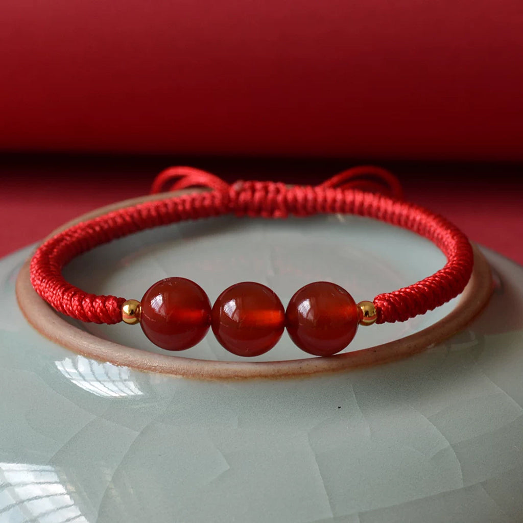 Red Agate 3-Bead Couple Red String Bracelets — Set of 2 Handmade Braided Cord, Natural Red Stone Lucky Charm, Adjustable for Men Women, Anniversary & Protection Gift