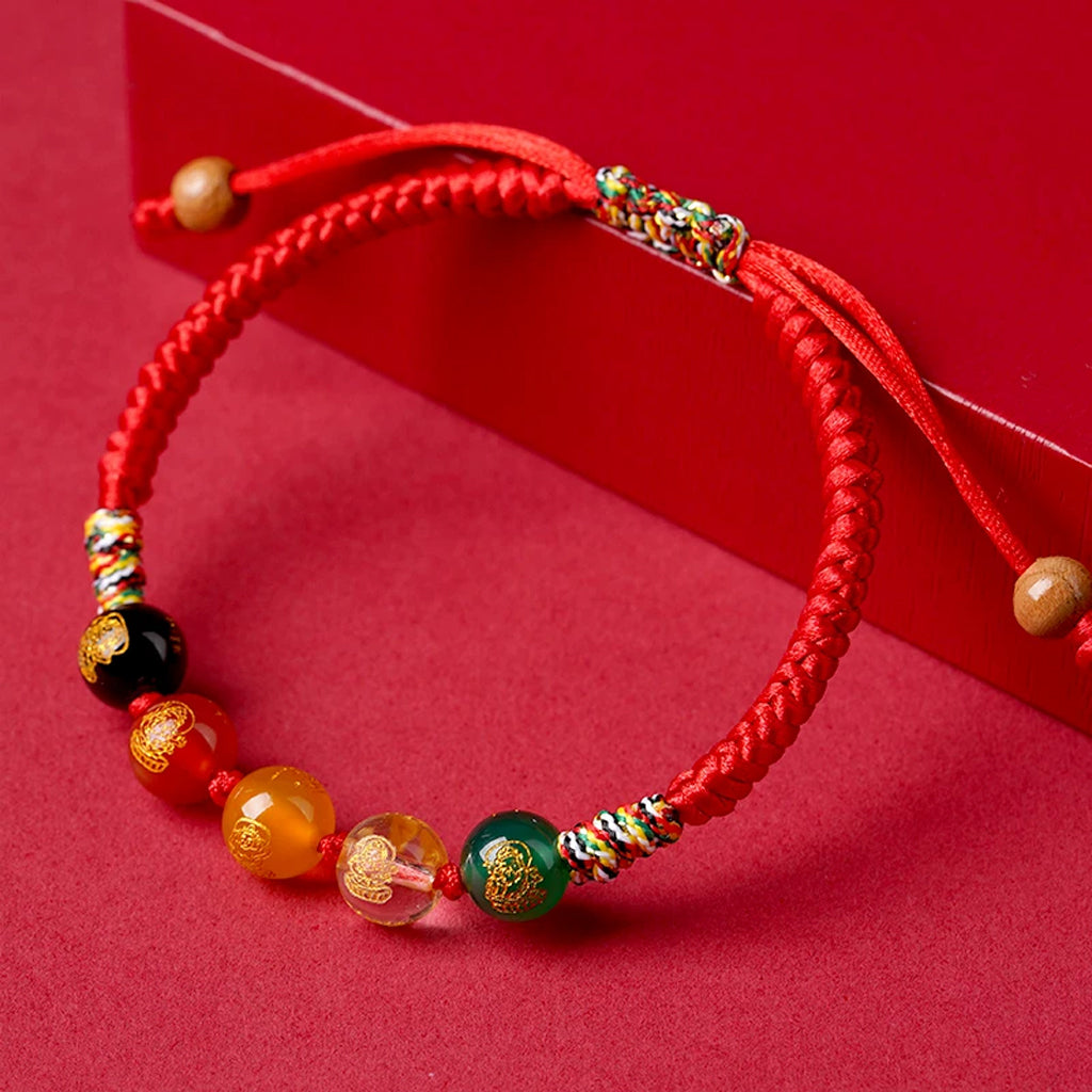 Five Elements Lucky Red String Bracelet — 6 Natural Gemstone Bead Charm, Handmade Braided Cord, Adjustable for Men Women, Protection & Prosperity Gift