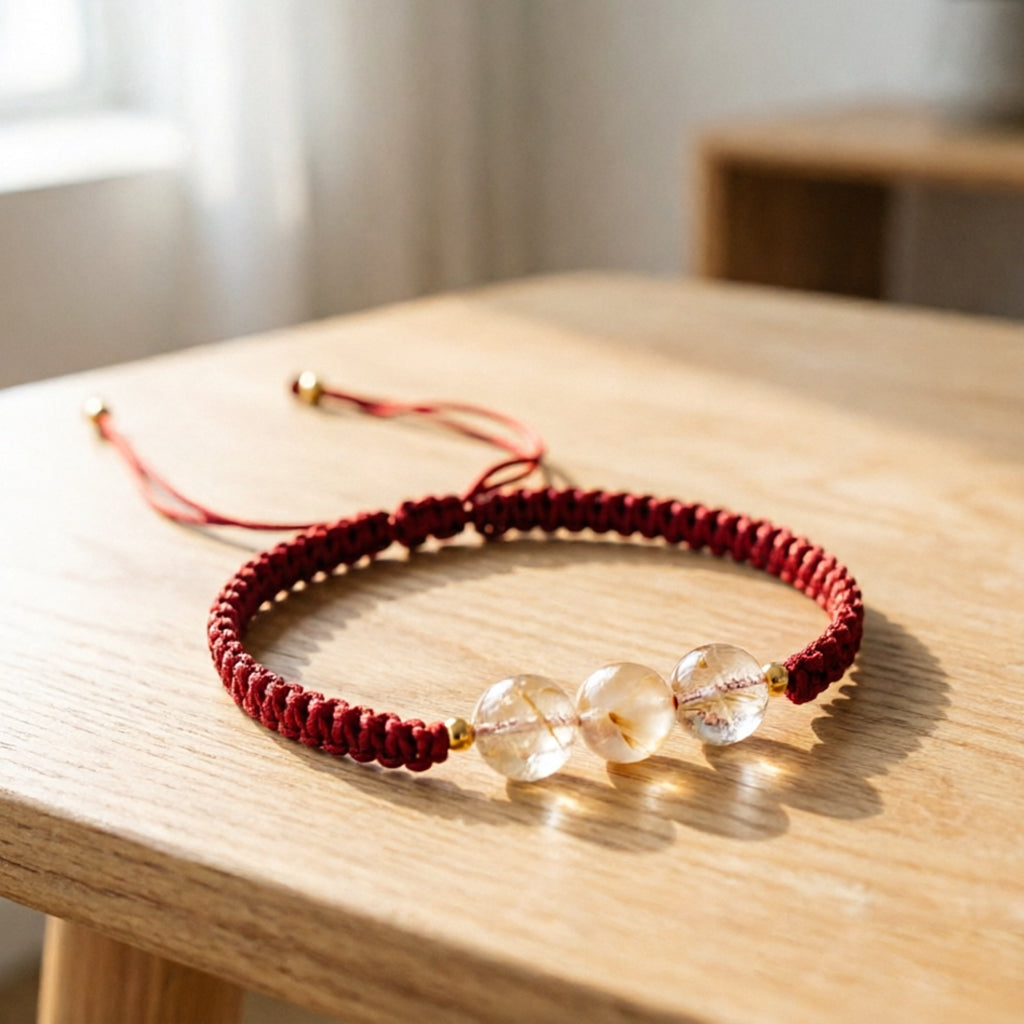Rutilated Quartz 3-Bead Red String Bracelet — Handmade Braided Cord, Natural Golden Hair Crystal Lucky Charm, Adjustable for Men Women, Wealth & Prosperity Gift