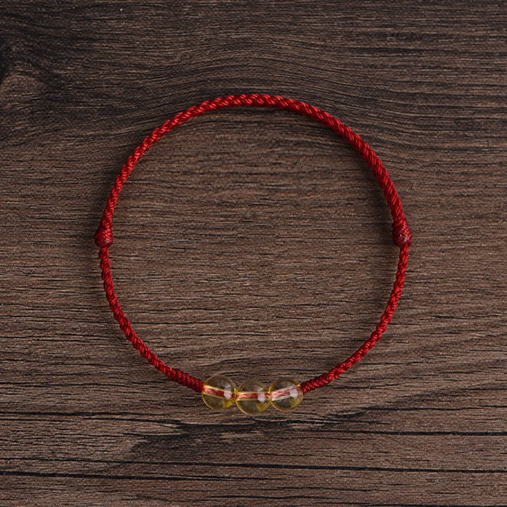 Citrine 3-Bead Red String Bracelet — Handmade Braided Cord, Natural Crystal Lucky Charm, Adjustable for Men Women, Wealth & Protection Gift