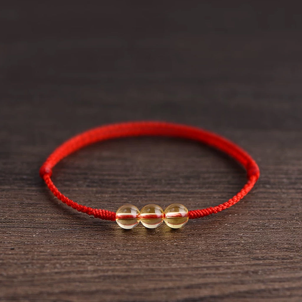 Citrine 3-Bead Red String Bracelet — Handmade Braided Cord, Natural Crystal Lucky Charm, Adjustable for Men Women, Wealth & Protection Gift