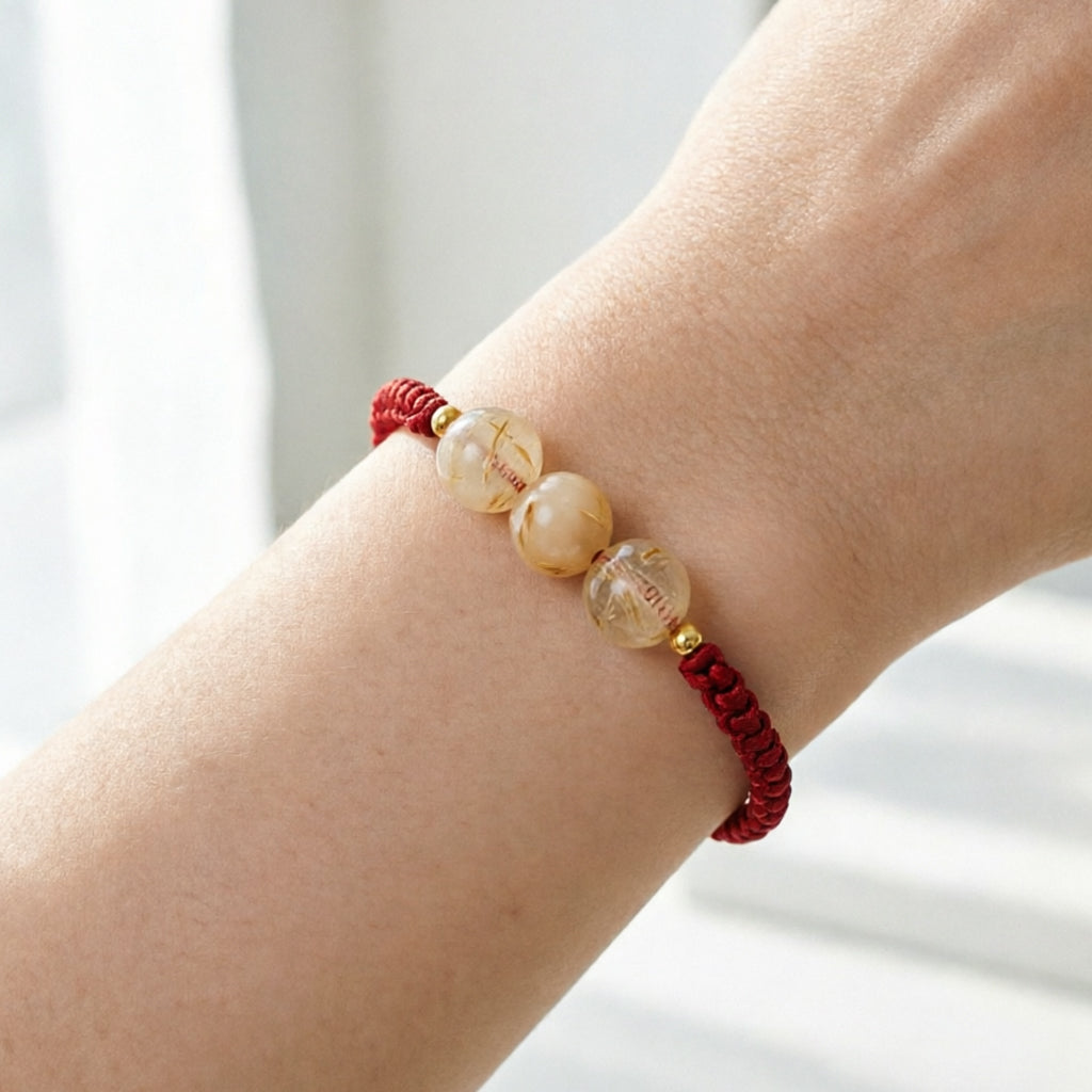 Rutilated Quartz 3-Bead Red String Bracelet — Handmade Braided Cord, Natural Golden Hair Crystal Lucky Charm, Adjustable for Men Women, Wealth & Prosperity Gift