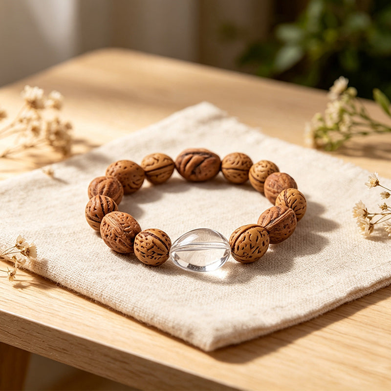 Peach Pit & Clear Quartz Bracelet – Natural Protection Charm, Unisex Handmade Crystal Jewelry