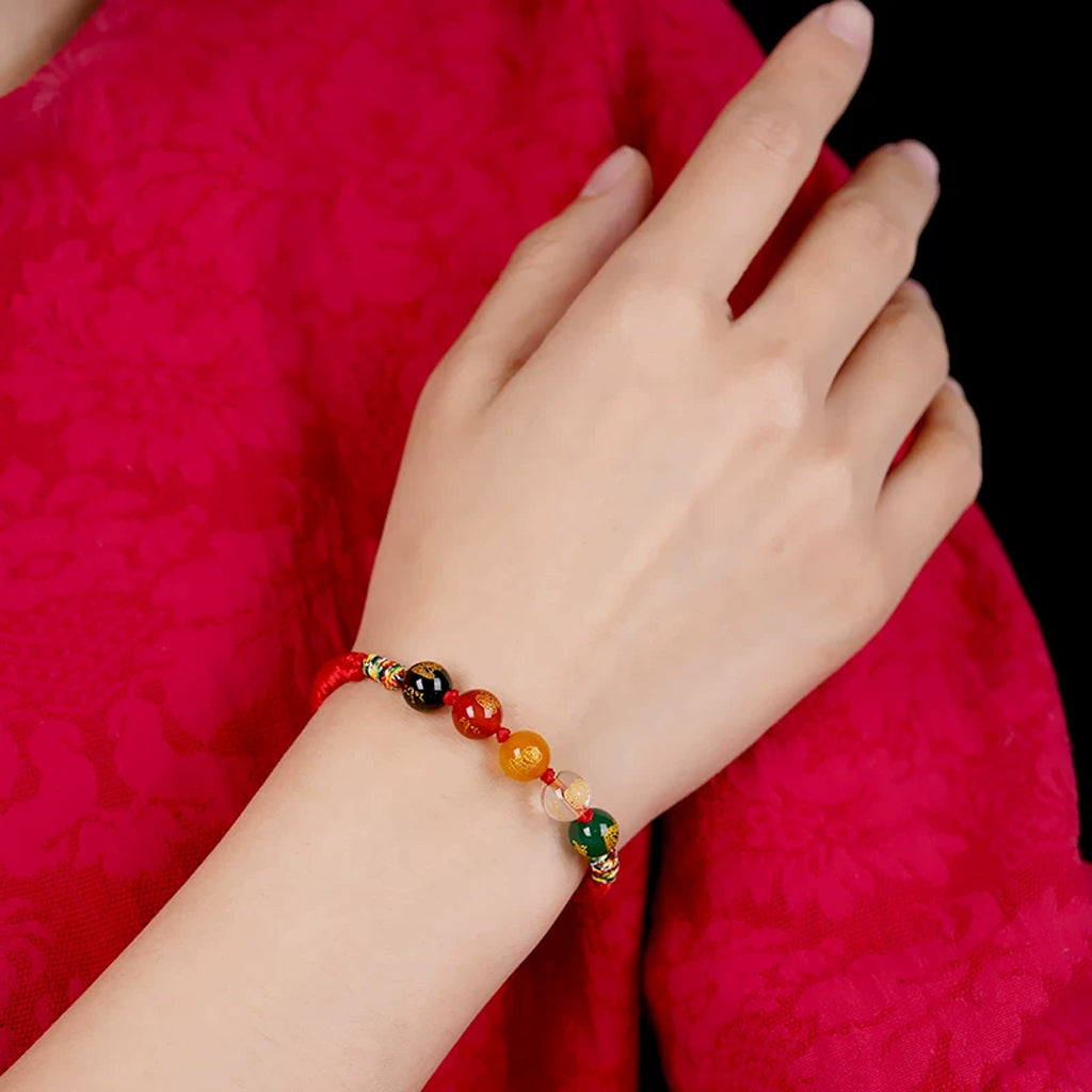 Five Elements Lucky Red String Bracelet — 6 Natural Gemstone Bead Charm, Handmade Braided Cord, Adjustable for Men Women, Protection & Prosperity Gift
