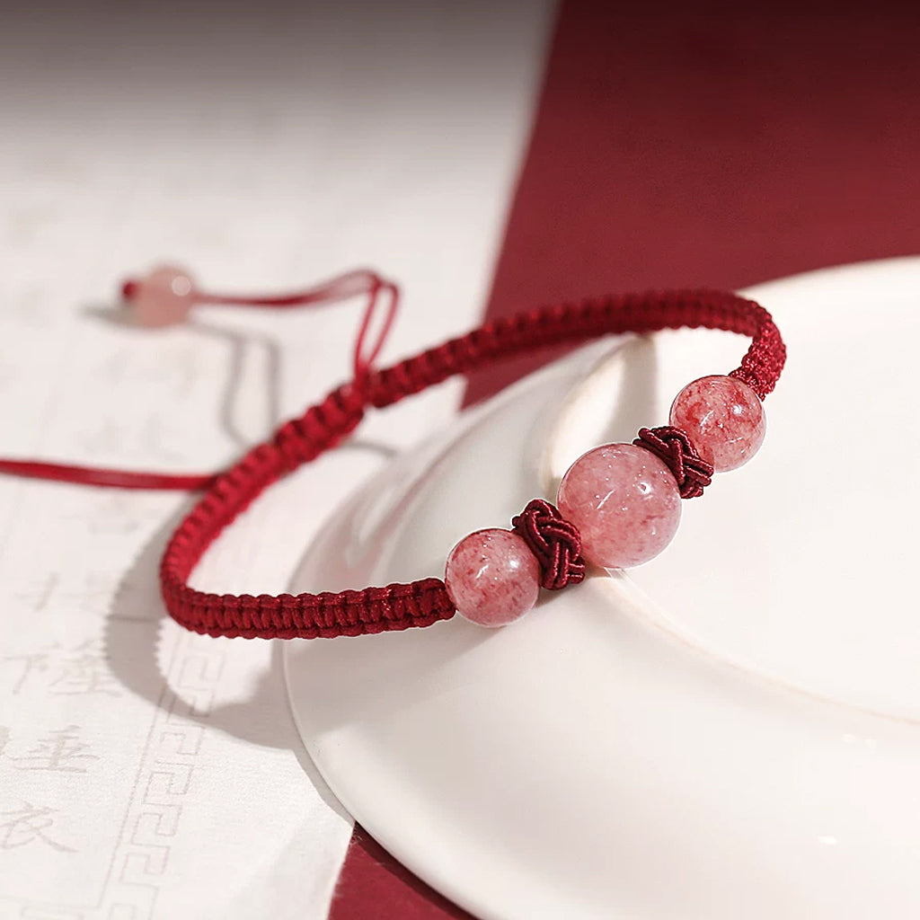 Strawberry Quartz 3-Bead Red String Bracelet — Handmade Braided Cord, Natural Pink Crystal Charm, Adjustable for Men Women, Love & Protection Gift