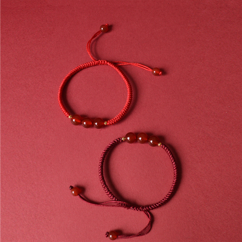 Red Agate 3-Bead Couple Red String Bracelets — Set of 2 Handmade Braided Cord, Natural Red Stone Lucky Charm, Adjustable for Men Women, Anniversary & Protection Gift