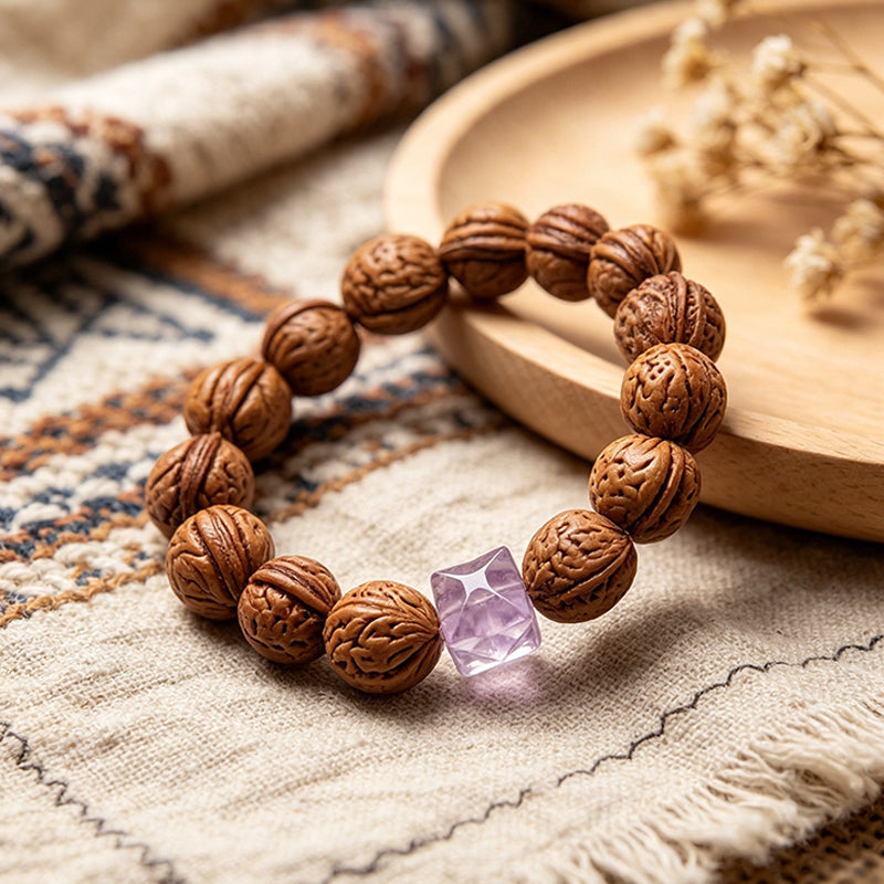 Peach Pit & Amethyst Bracelet – Natural Protection & Calm Charm, Unisex Handmade Crystal Jewelry
