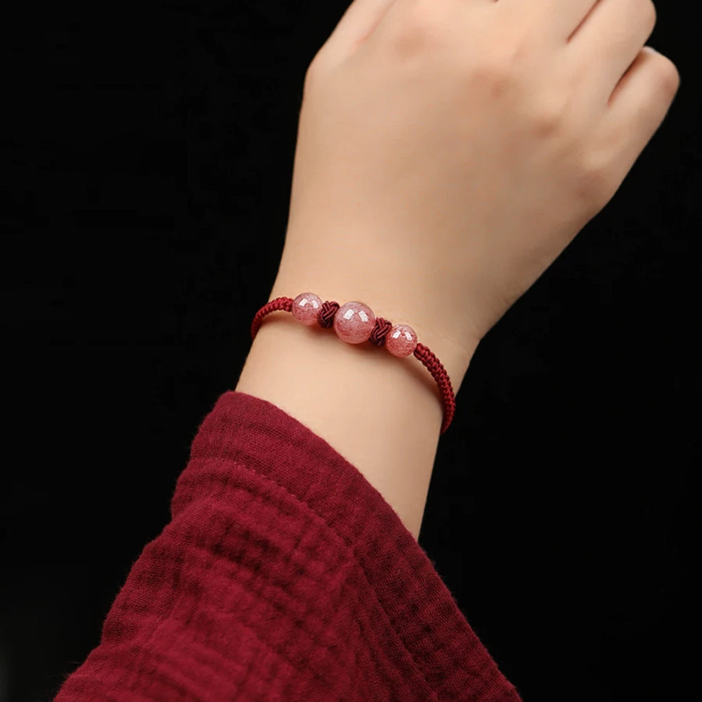 Strawberry Quartz 3-Bead Red String Bracelet — Handmade Braided Cord, Natural Pink Crystal Charm, Adjustable for Men Women, Love & Protection Gift