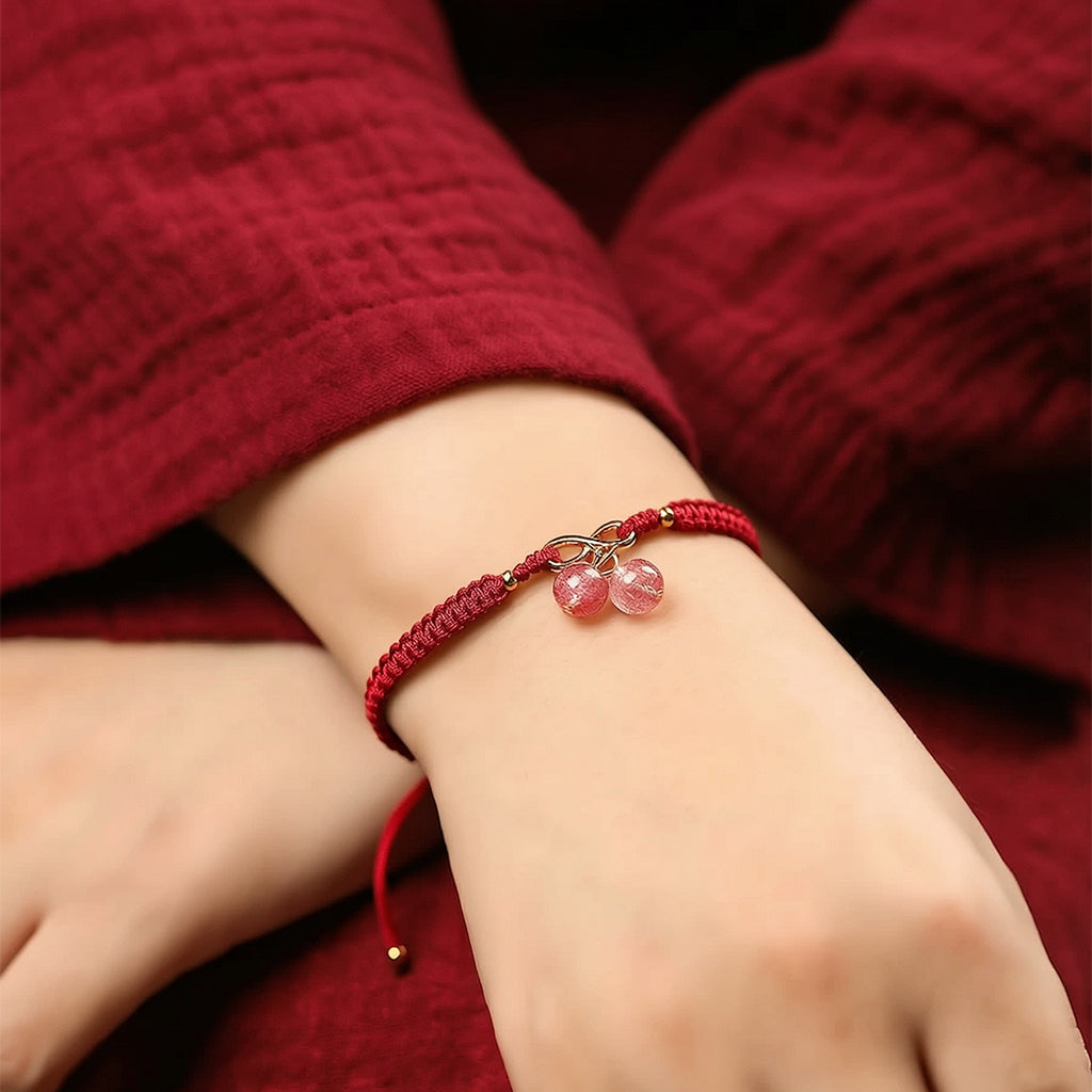 2-Bead Braided String Bracelet — Handmade Adjustable Rope Charm, Red/Green/Purple Cord, Lucky Protection for Men Women