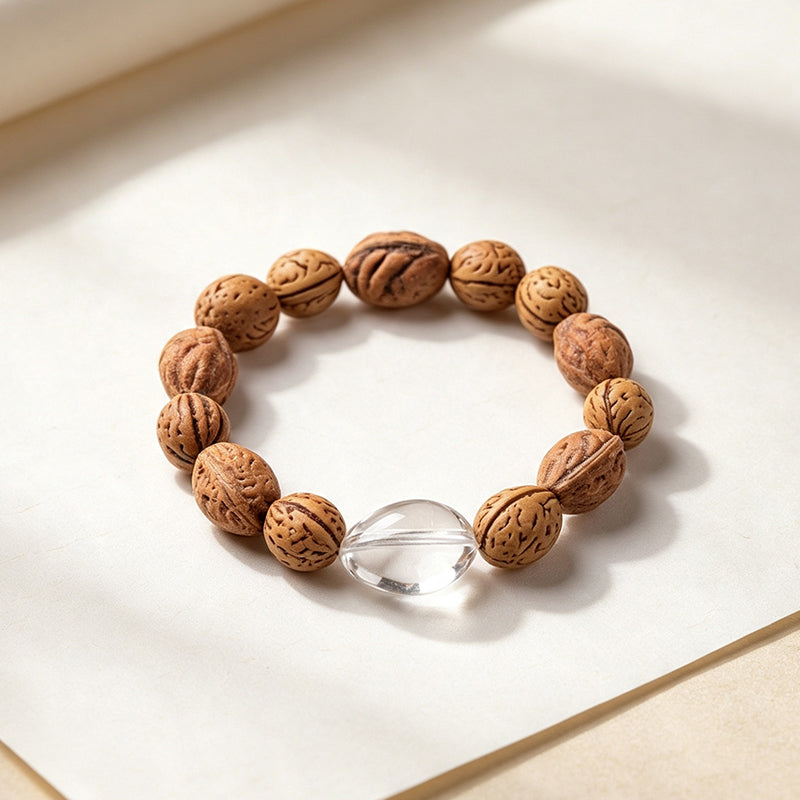 Peach Pit & Clear Quartz Bracelet – Natural Protection Charm, Unisex Handmade Crystal Jewelry