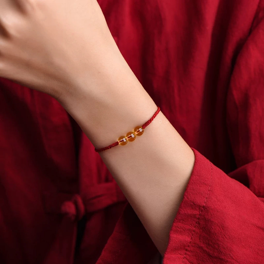 Citrine 3-Bead Red String Bracelet — Handmade Braided Cord, Natural Crystal Lucky Charm, Adjustable for Men Women, Wealth & Protection Gift
