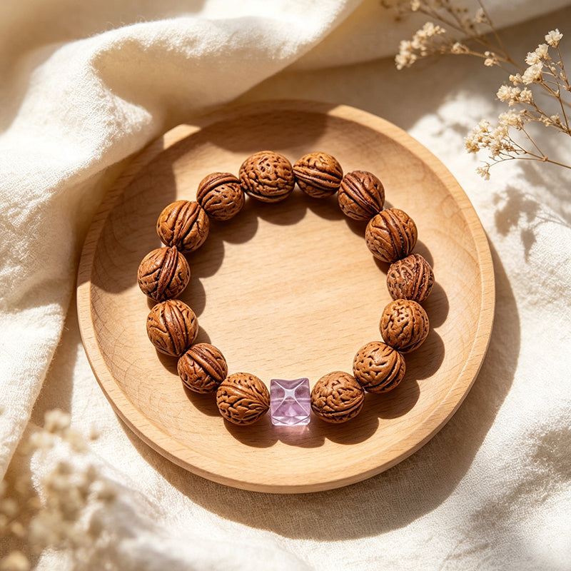 Peach Pit & Amethyst Bracelet – Natural Protection & Calm Charm, Unisex Handmade Crystal Jewelry