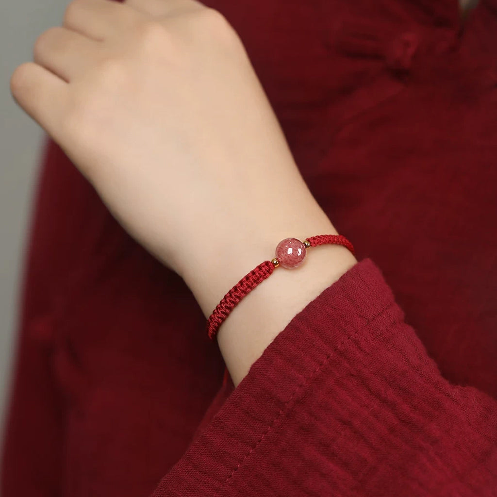 Strawberry Quartz Red String Bracelet — Single Bead Lucky Charm, Handmade Braided Cord, Adjustable for Men Women, Love & Protection Gift
