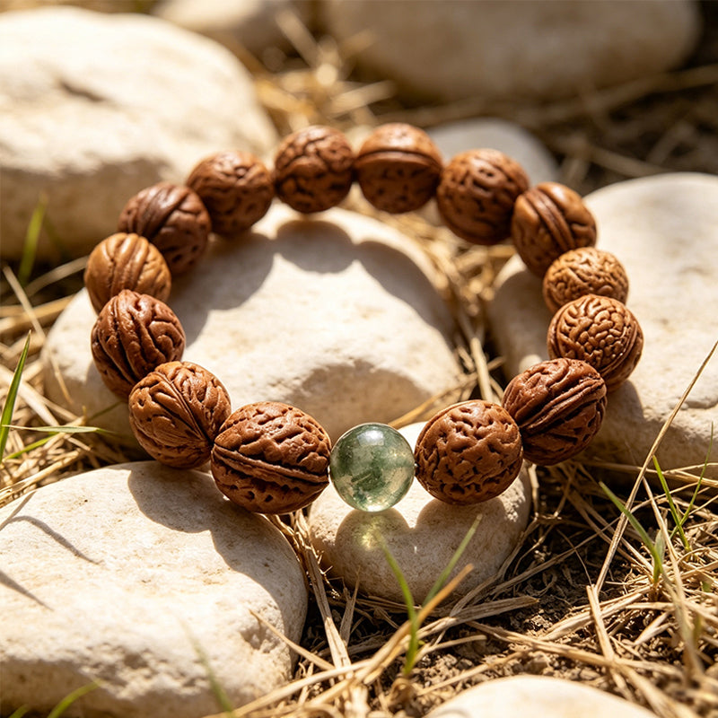 Peach Pit Bracelet with Green Phantom Quartz – Protection & Prosperity Talisman