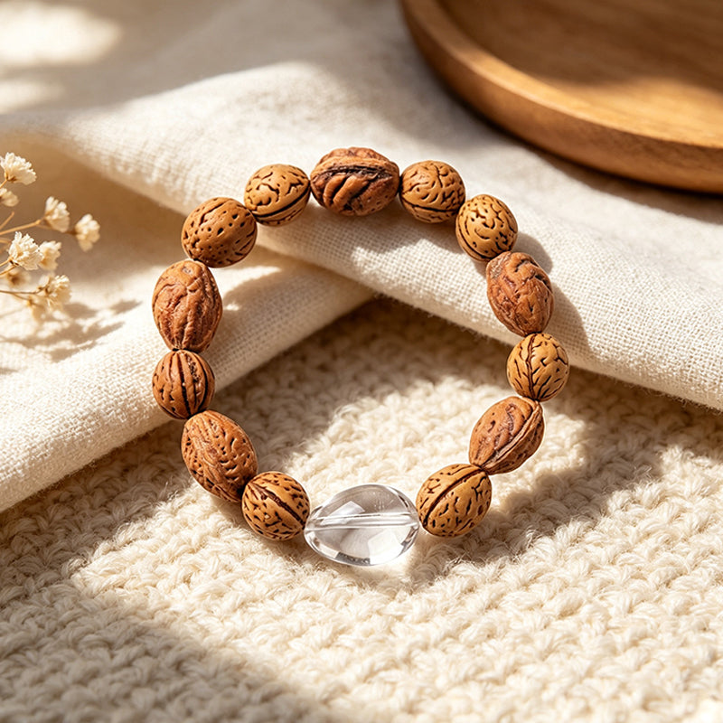 Peach Pit & Clear Quartz Bracelet – Natural Protection Charm, Unisex Handmade Crystal Jewelry