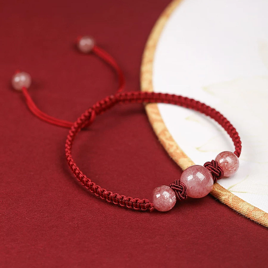 Strawberry Quartz 3-Bead Red String Bracelet — Handmade Braided Cord, Natural Pink Crystal Charm, Adjustable for Men Women, Love & Protection Gift