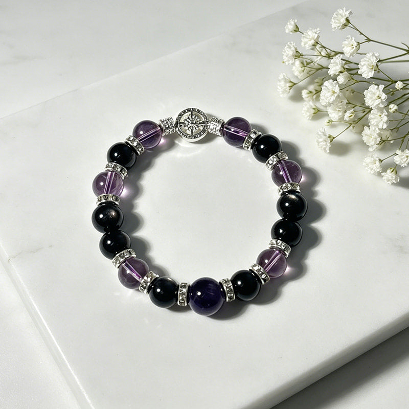 Sovrano della Notte — Bracciale in Ametista Scuro e Ossidiana Argentata