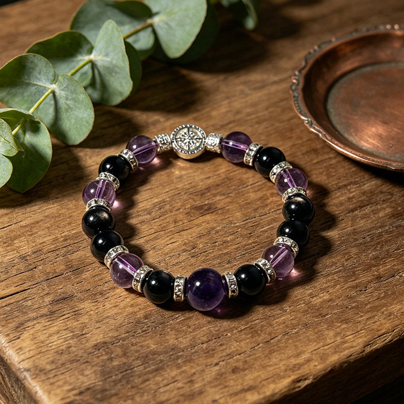Night Sovereign — Dark Amethyst & Silver Obsidian Bracelet