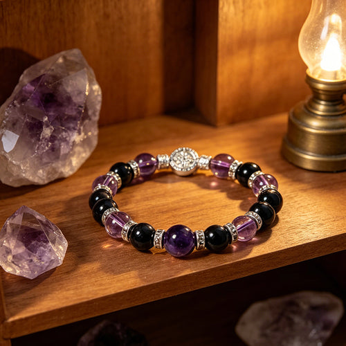 Night Sovereign — Dark Amethyst & Silver Obsidian Bracelet