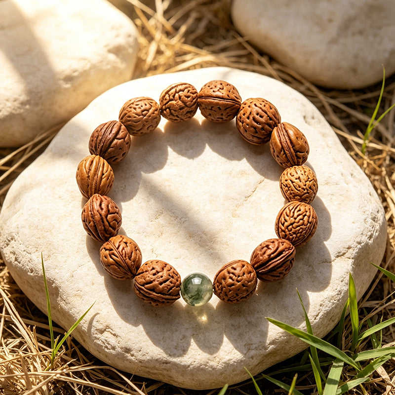 Peach Pit Bracelet with Green Phantom Quartz – Protection & Prosperity Talisman
