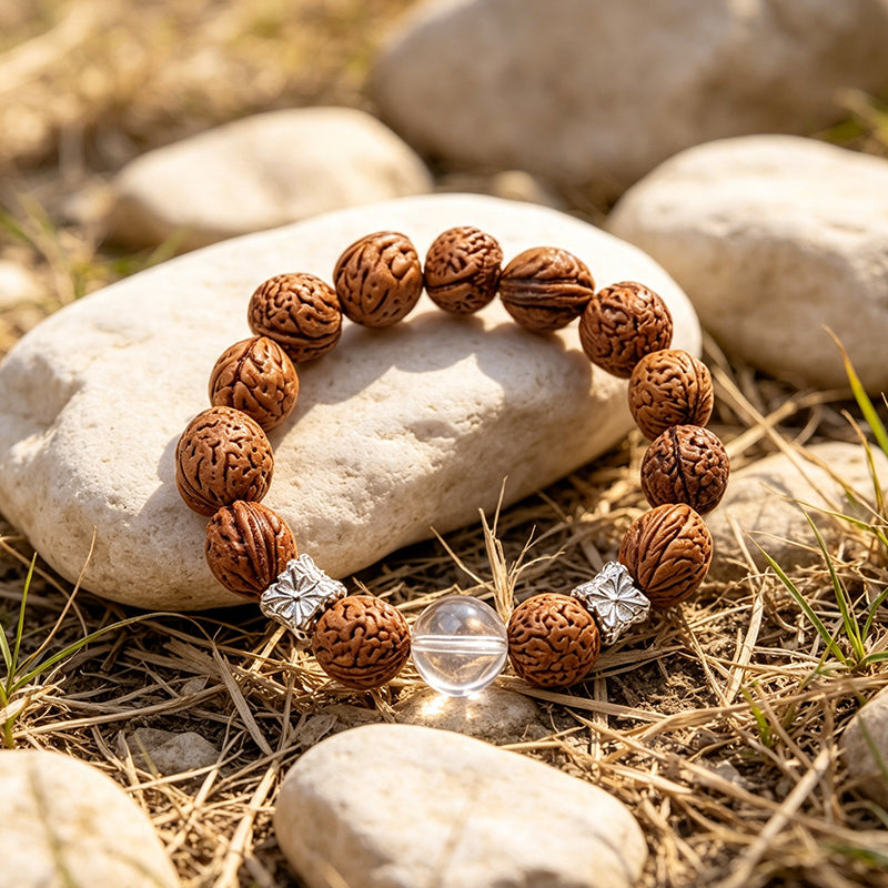 Natural Peach Seed Bracelet – Polished Clear Quartz & Silver Spacer Charm