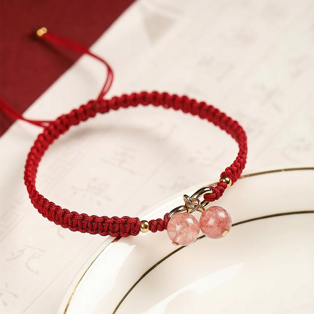 2-Bead Braided String Bracelet — Handmade Adjustable Rope Charm, Red/Green/Purple Cord, Lucky Protection for Men Women