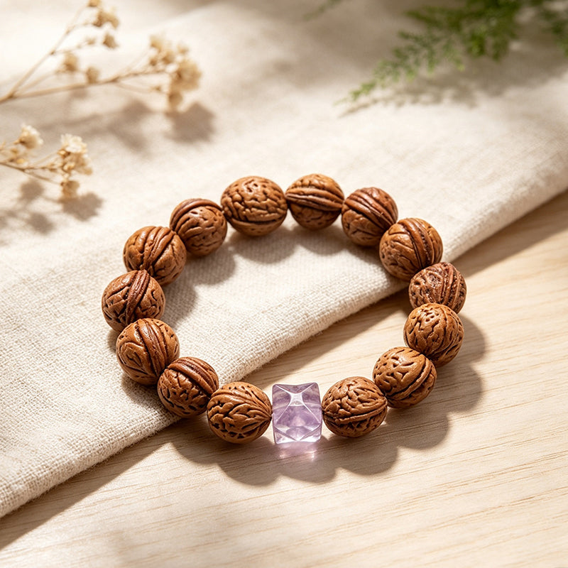 Peach Pit & Amethyst Bracelet – Natural Protection & Calm Charm, Unisex Handmade Crystal Jewelry