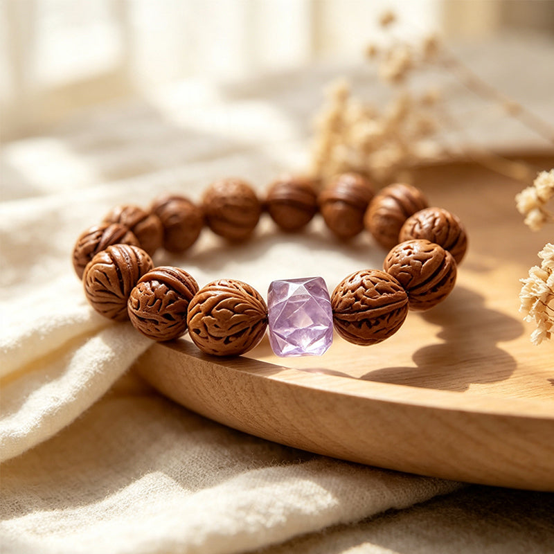 Peach Pit & Amethyst Bracelet – Natural Protection & Calm Charm, Unisex Handmade Crystal Jewelry