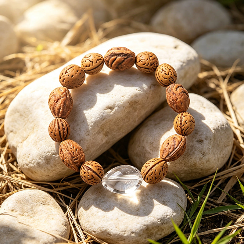 Peach Pit & Clear Quartz Bracelet – Natural Protection Charm, Unisex Handmade Crystal Jewelry