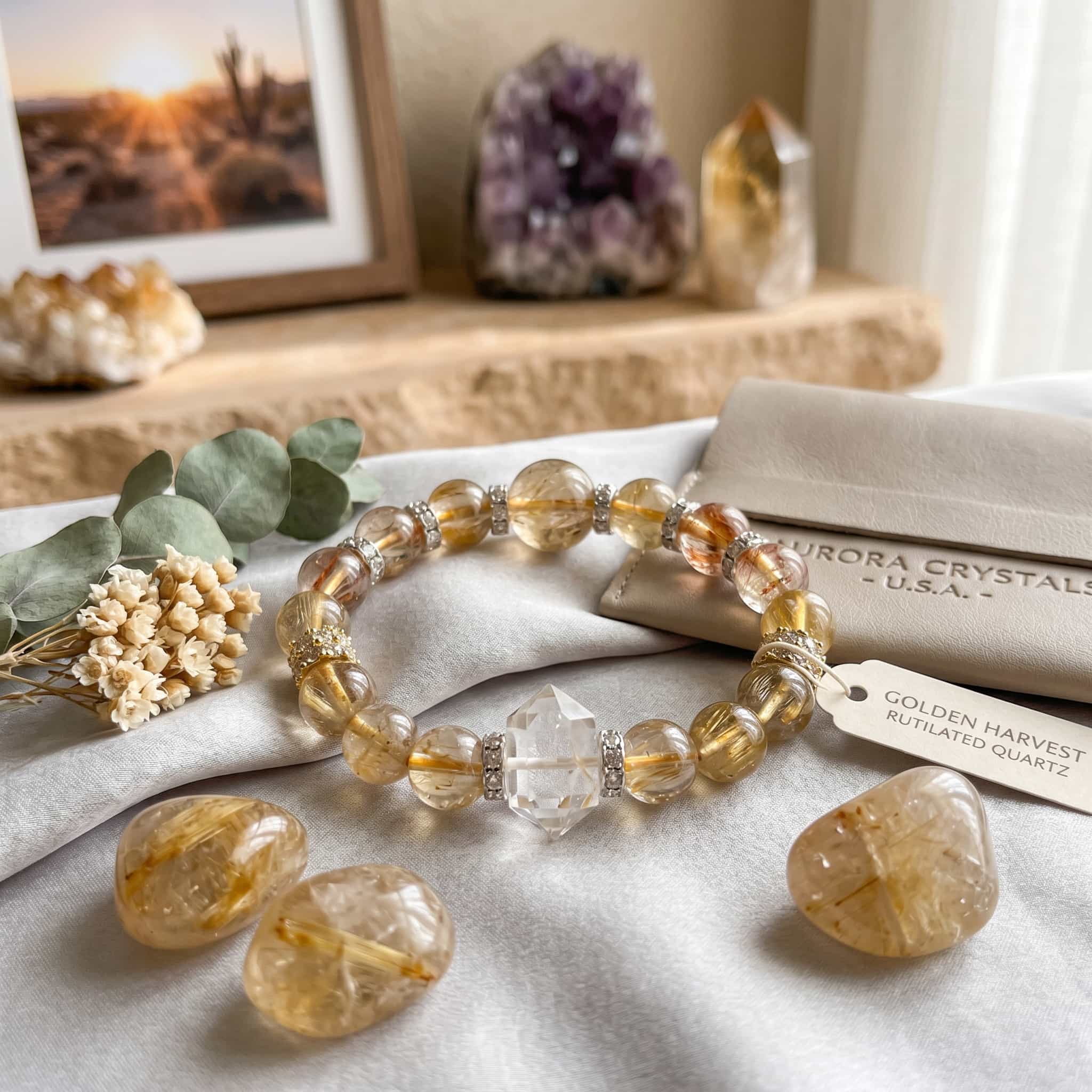 Golden Rutilated Quartz & Herkimer Diamond Bracelet — Abundance · Confidence · Manifestation