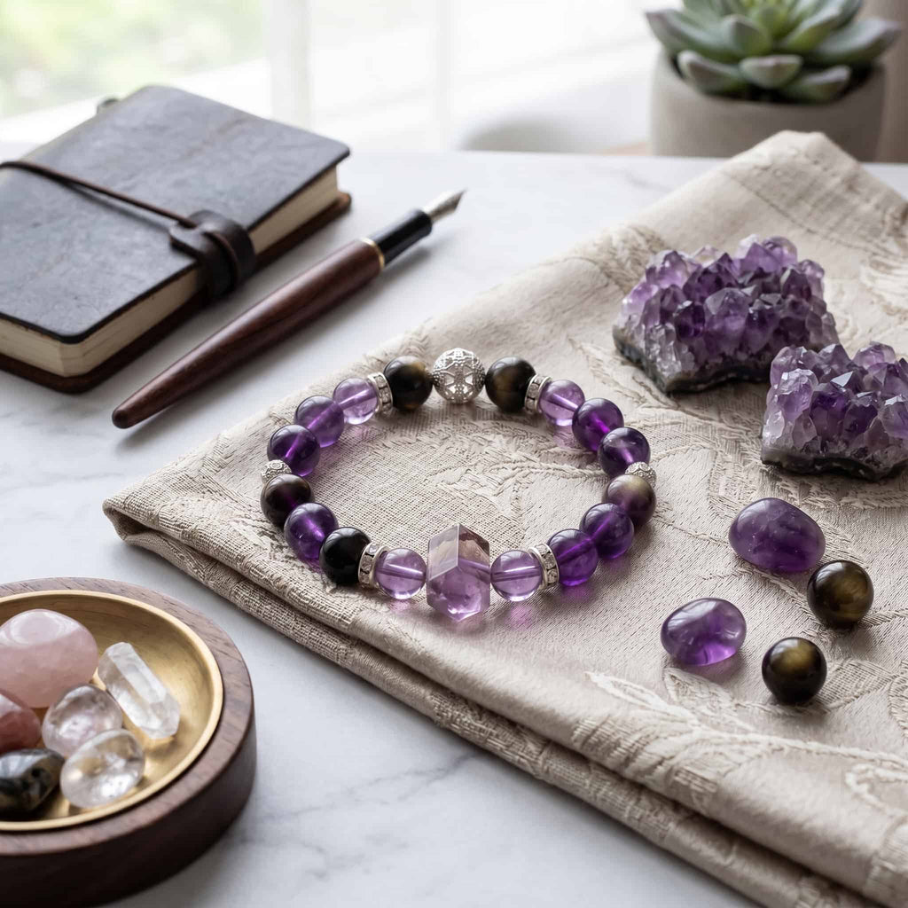 Natural Amethyst & Bracelet with Double Terminated Crystal for Protection - Healing Energy Jewelry
