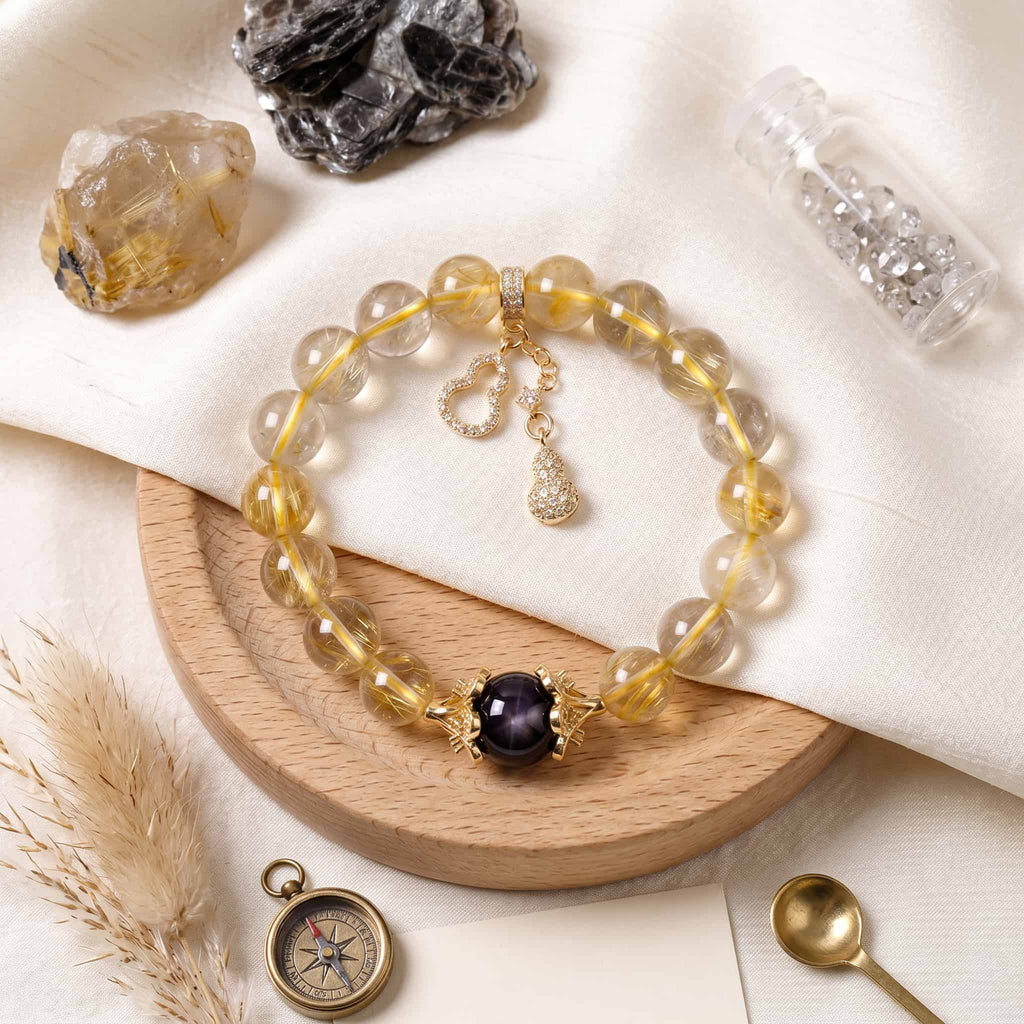 Rutilated Quartz & Amethyst Bracelet — Manifestation · Wishing · Protection