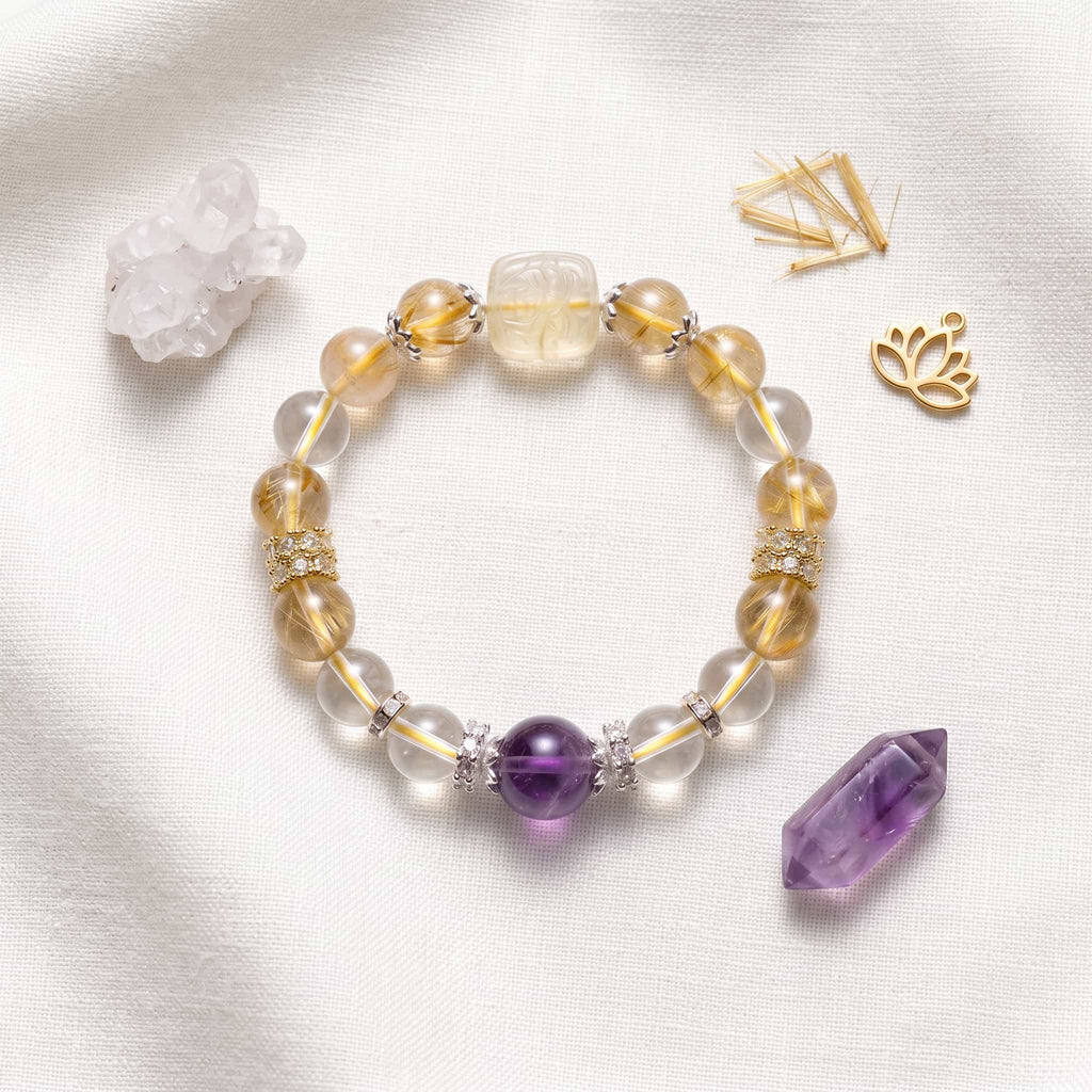 Golden Rutilated Quartz, Amethyst & Clear Quartz Bracelet