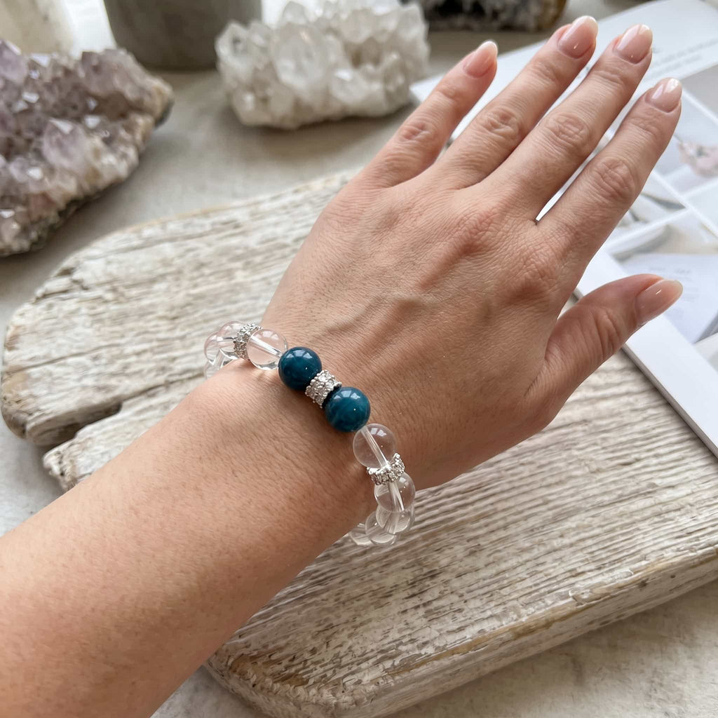 Natural Clear Quartz & Blue Apatite Bracelet for Focus & Clarity - Beaded Healing Jewelry