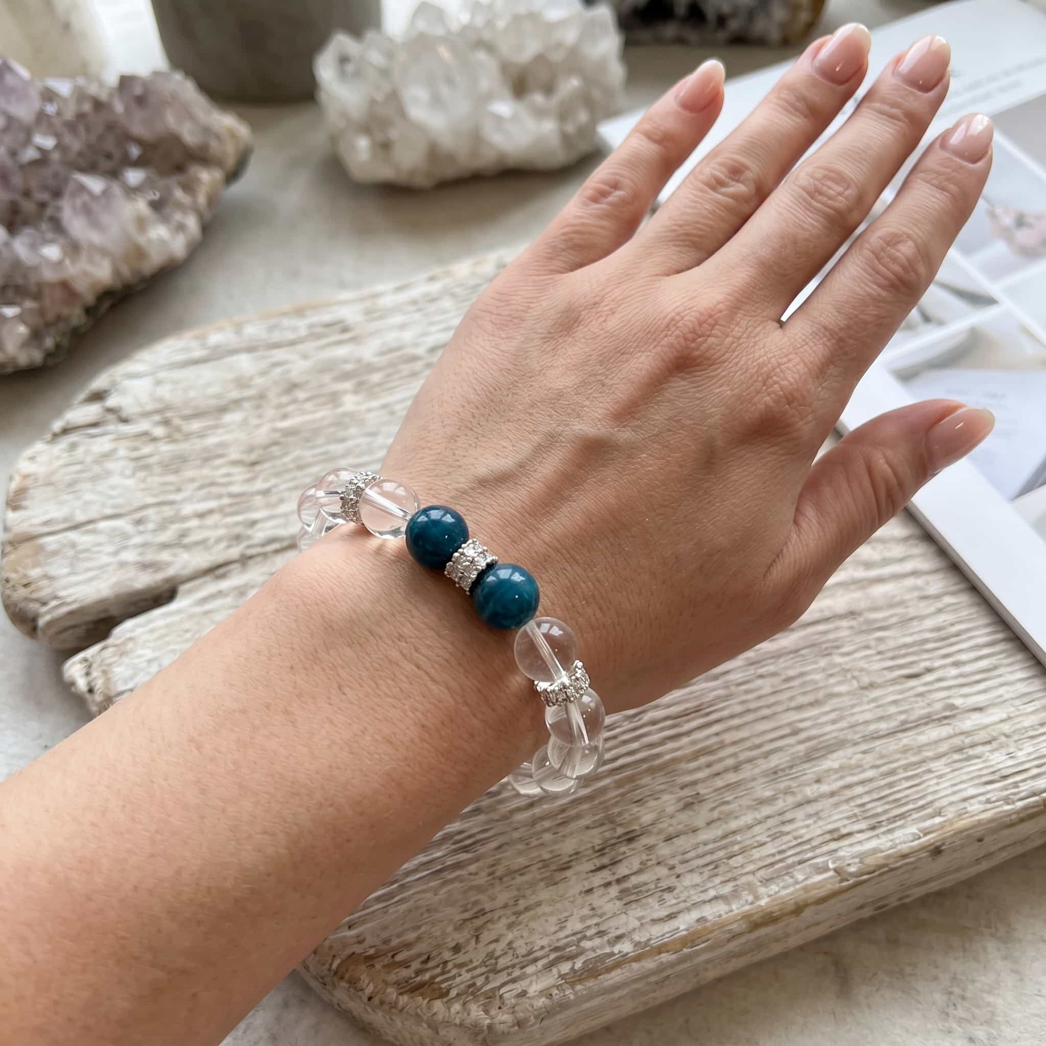 Natural Clear Quartz & Blue Apatite Bracelet for Focus & Clarity - Beaded Healing Jewelry