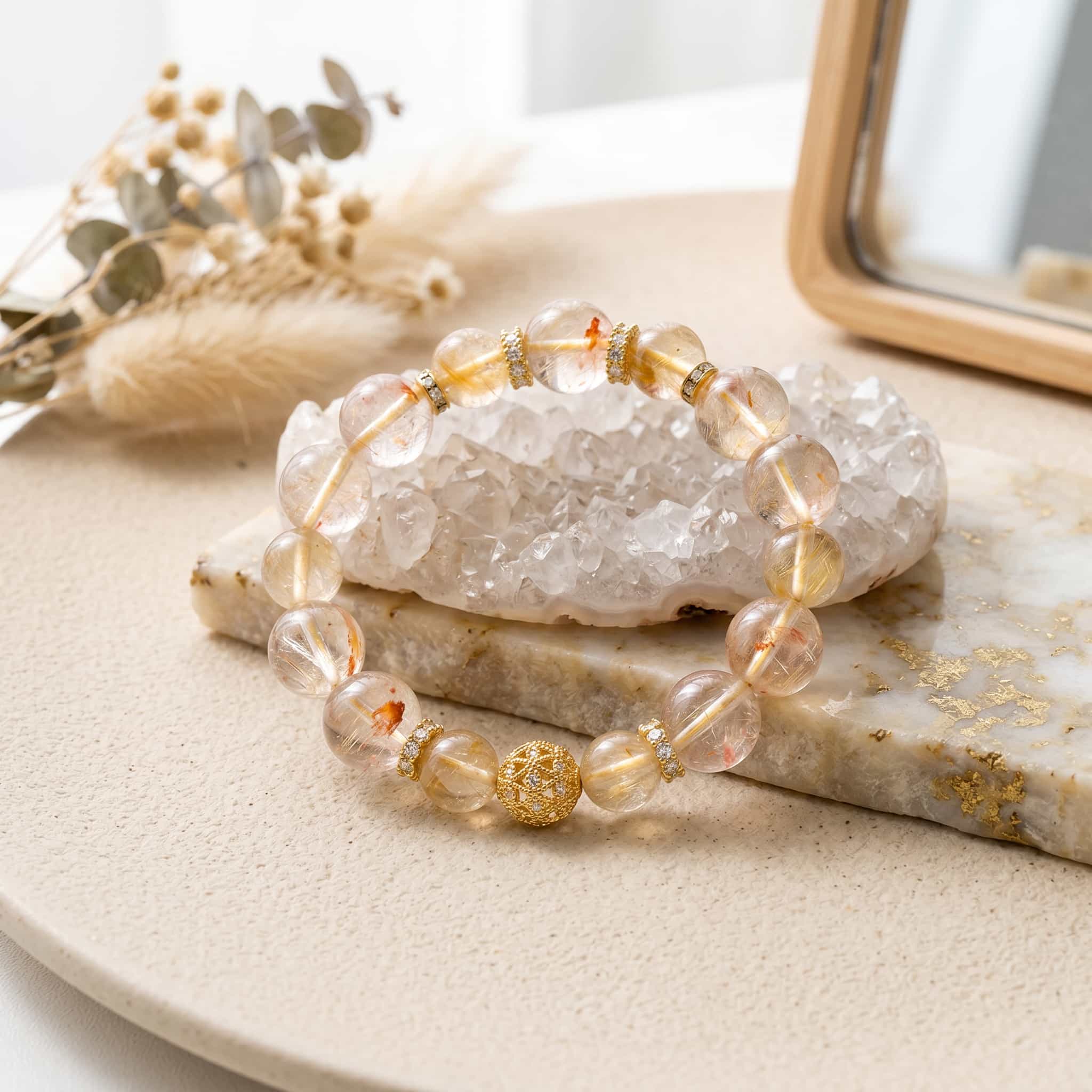 Natural Gold Rutilated Quartz Bracelet for Wealth & Success - Golden Energy Beaded Jewelry