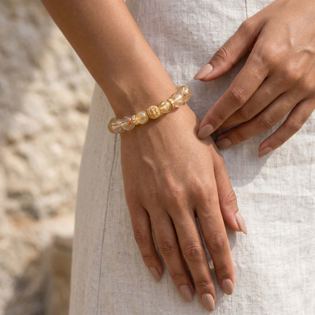Natural Gold Rutilated Quartz Bracelet for Wealth & Success - Golden Energy Beaded Jewelry