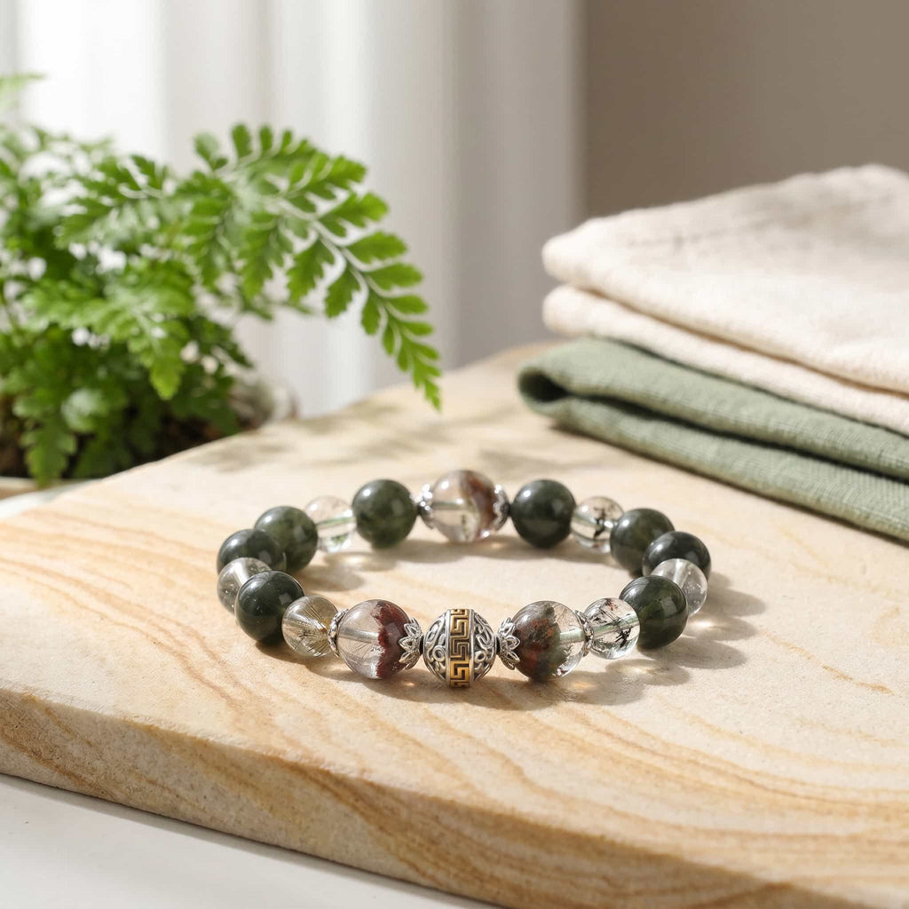 Green Phantom & Quartz Energy Bracelet - Abundance & Career Attraction Jewelry