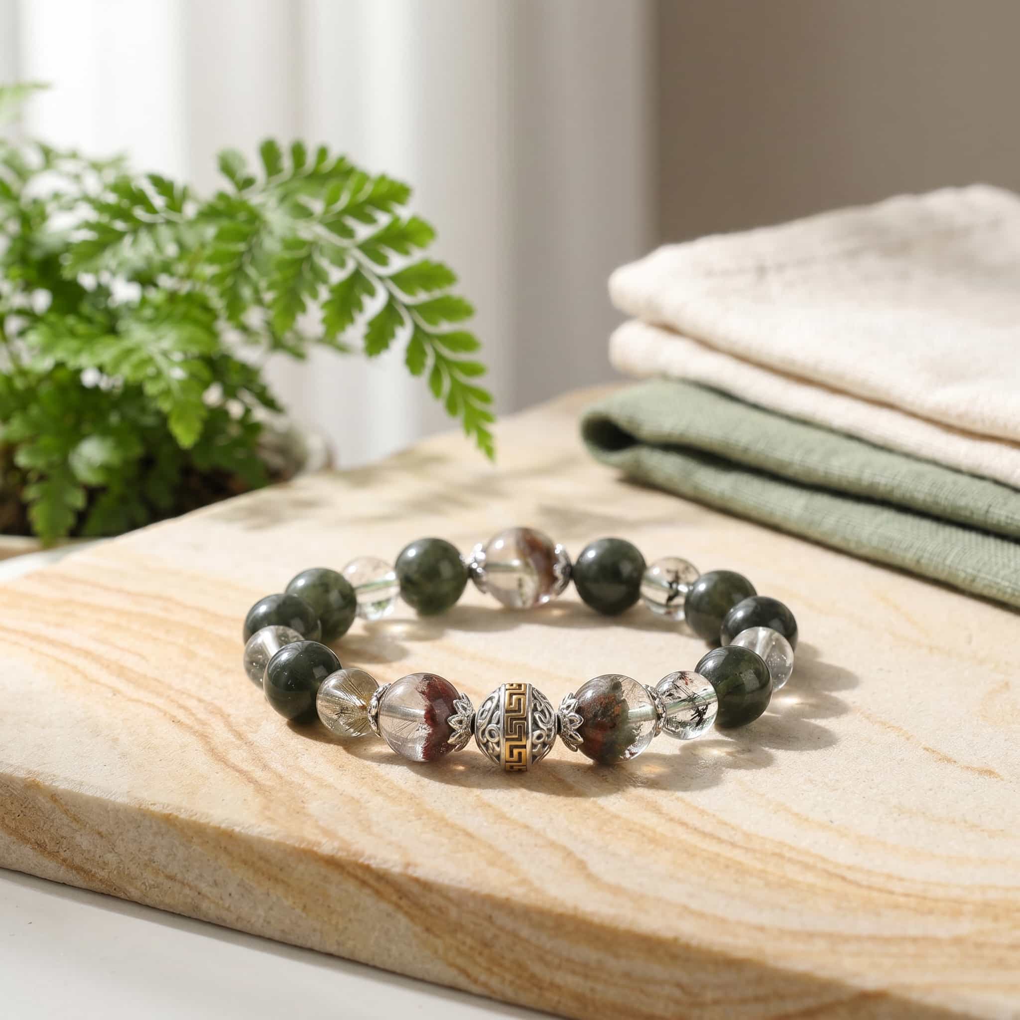Green Phantom & Quartz Energy Bracelet - Abundance & Career Attraction Jewelry