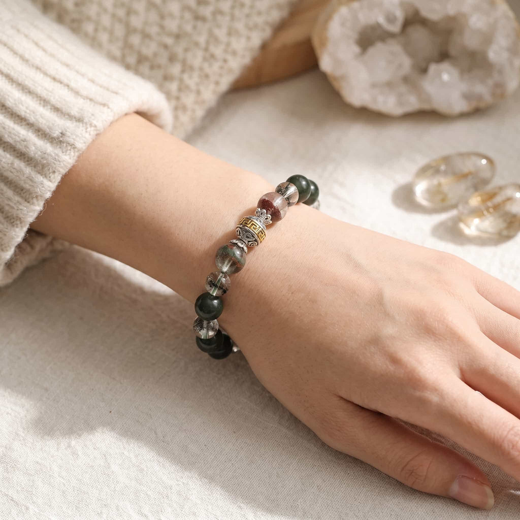 Green Phantom & Quartz Energy Bracelet - Abundance & Career Attraction Jewelry