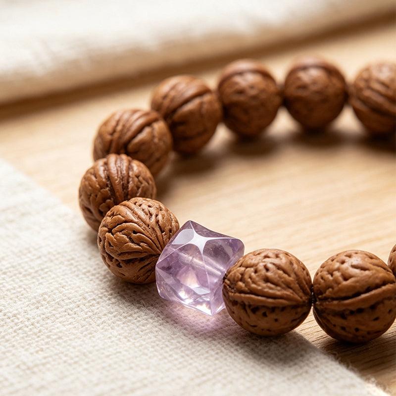 Peach Pit & Amethyst Bracelet – Natural Protection & Calm Charm, Unisex Handmade Crystal Jewelry