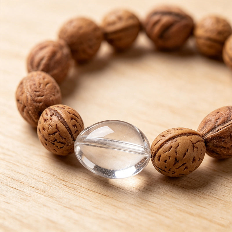 Peach Pit & Clear Quartz Bracelet – Natural Protection Charm, Unisex Handmade Crystal Jewelry