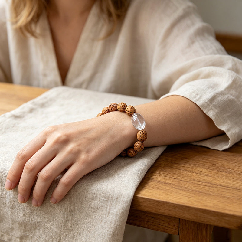 Peach Pit & Clear Quartz Bracelet – Natural Protection Charm, Unisex Handmade Crystal Jewelry
